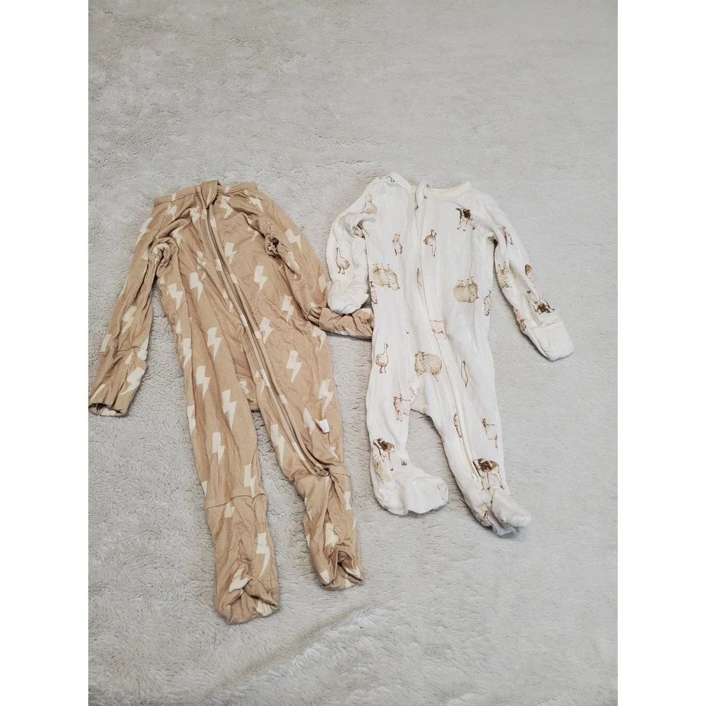 Forever French White Tan Bamboo One Piece Pajama Set Unisex Baby Newborn 3 month